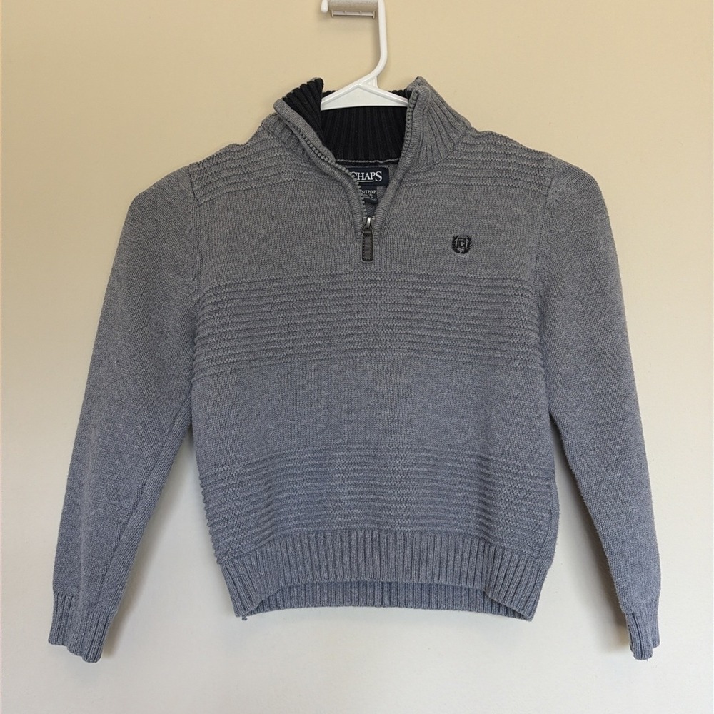 Chaps Gray Preppy Logo High Neck 1/4‎ Zip Cotton Knit Sweater Youth Boy XS 6-7